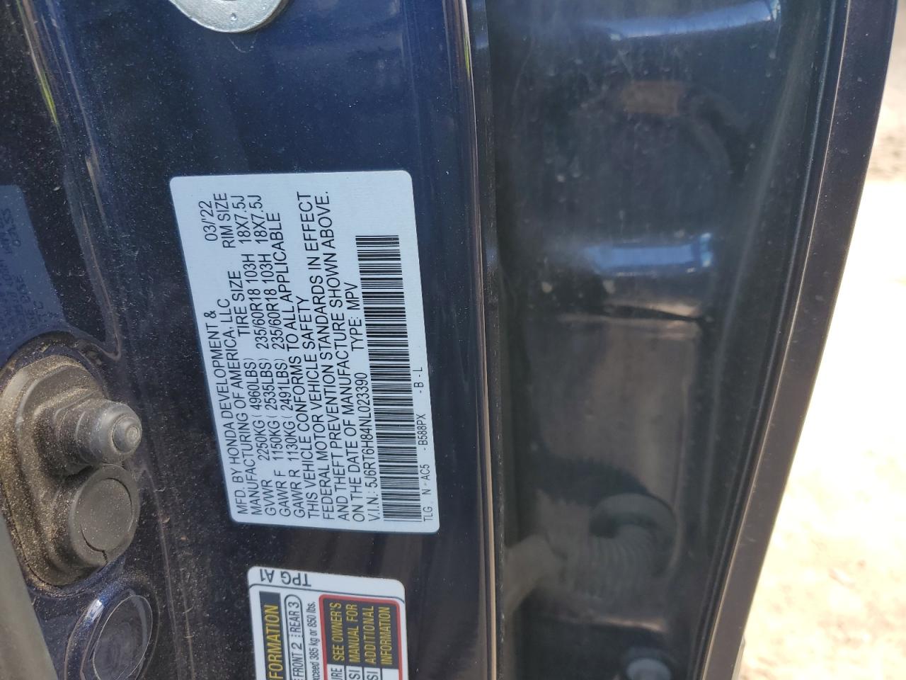 2022 HONDA CR-V EXL VIN:5J6RT6H84NL023390