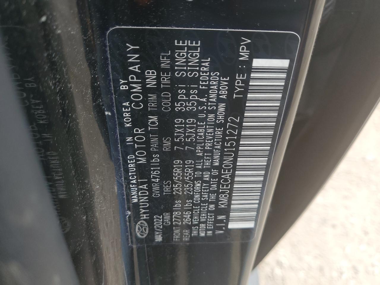 2022 HYUNDAI TUCSON LIMITED VIN:KM8JECAE0NU151272