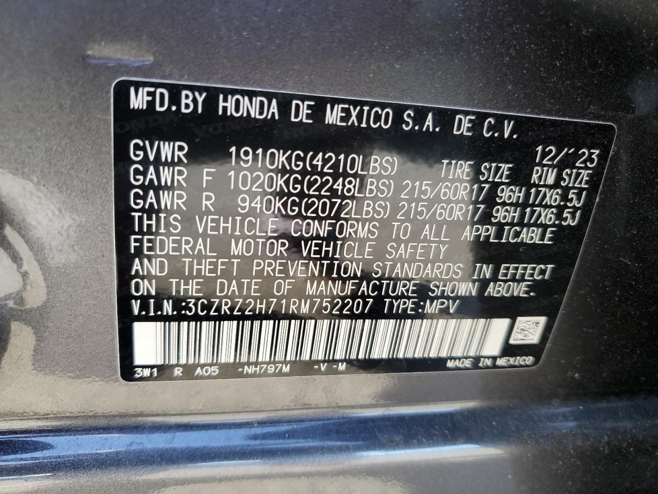 2024 HONDA HR-V EXL VIN:3CZRZ2H71RM752207