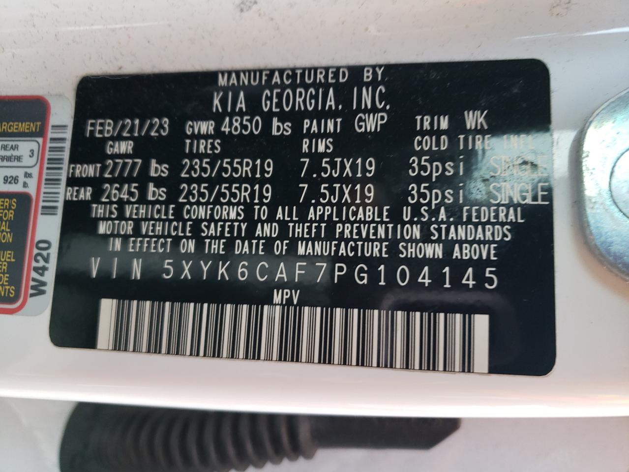 2023 KIA SPORTAGE X LINE VIN:5XYK6CAF7PG104145