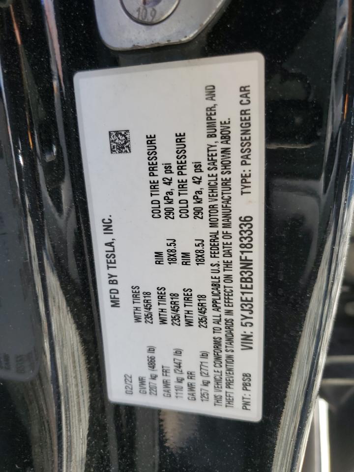2022 TESLA MODEL 3  VIN:5YJ3E1EB3NF183336