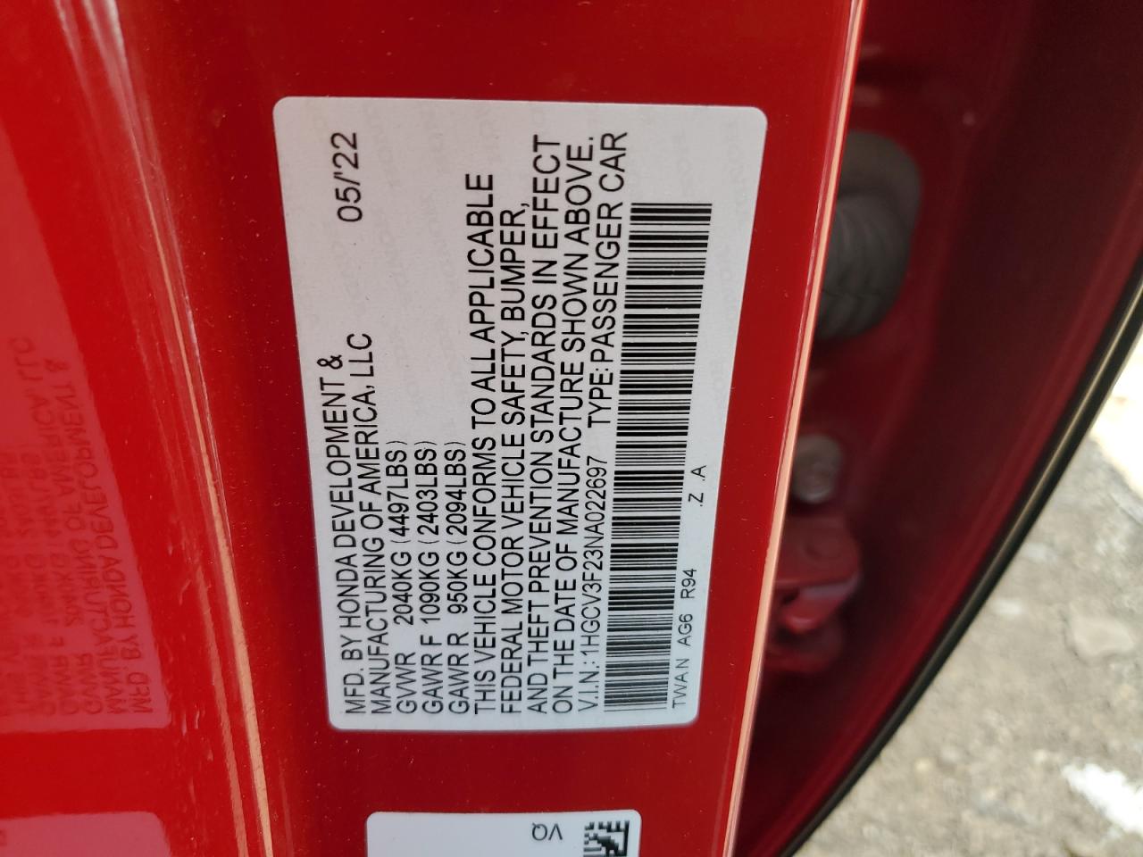 2022 HONDA ACCORD HYBRID SPORT VIN:1HGCV3F23NA022697