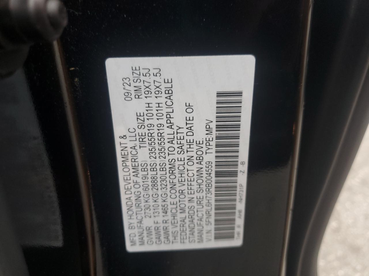 2024 HONDA ODYSSEY SPORT VIN:5FNRL6H73RB004559