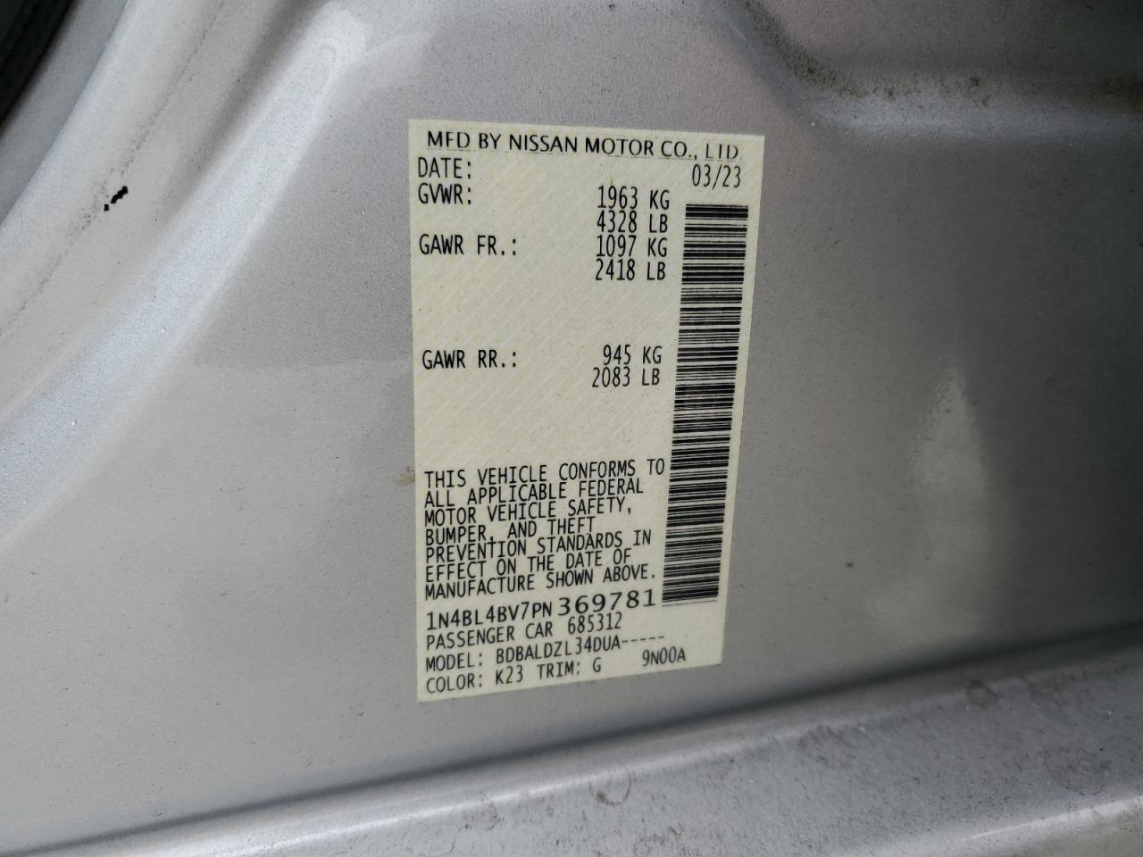 2023 NISSAN ALTIMA S VIN:1N4BL4BV7PN369781