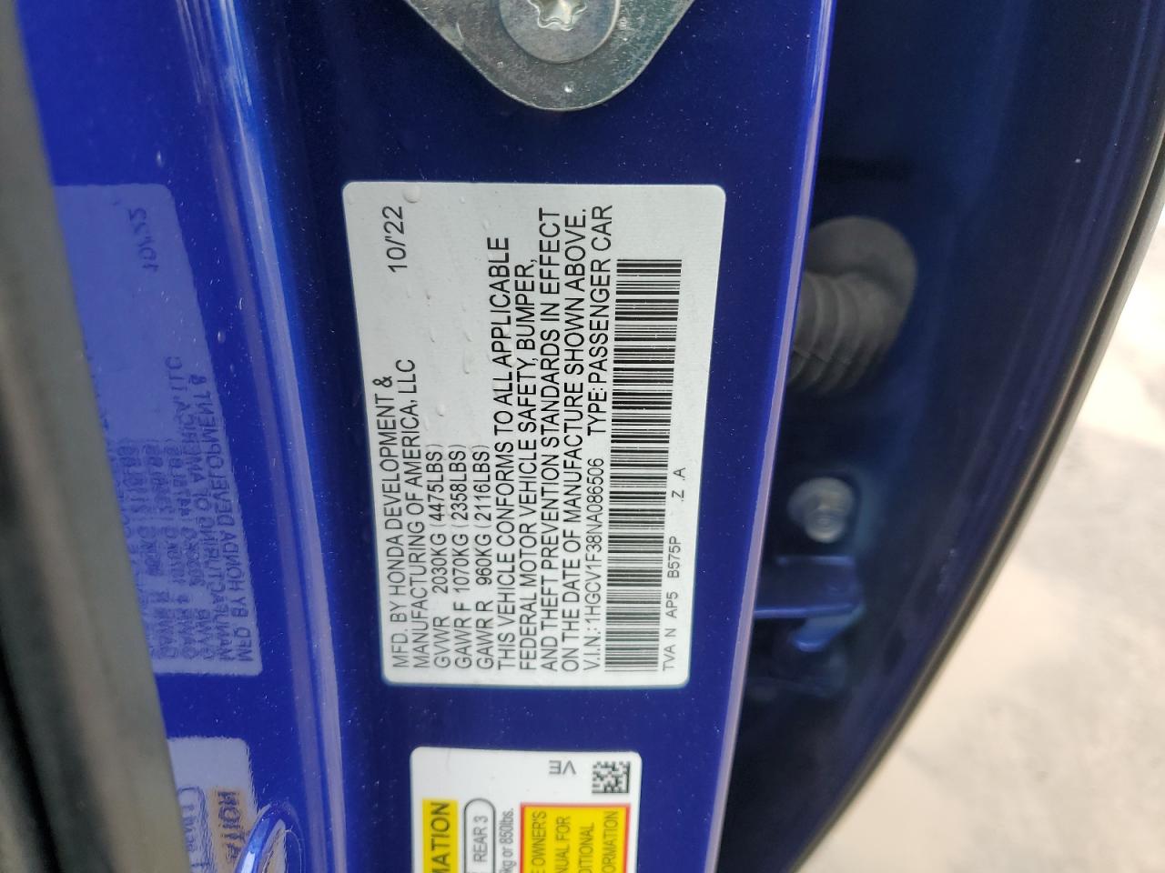2022 HONDA ACCORD SPORT VIN:1HGCV1F38NA086506