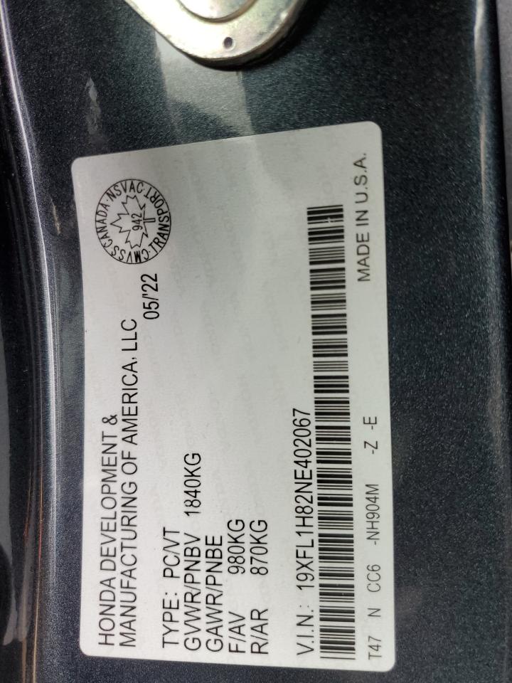 2022 HONDA CIVIC SPORT TOURING VIN:19XFL1H82NE402067