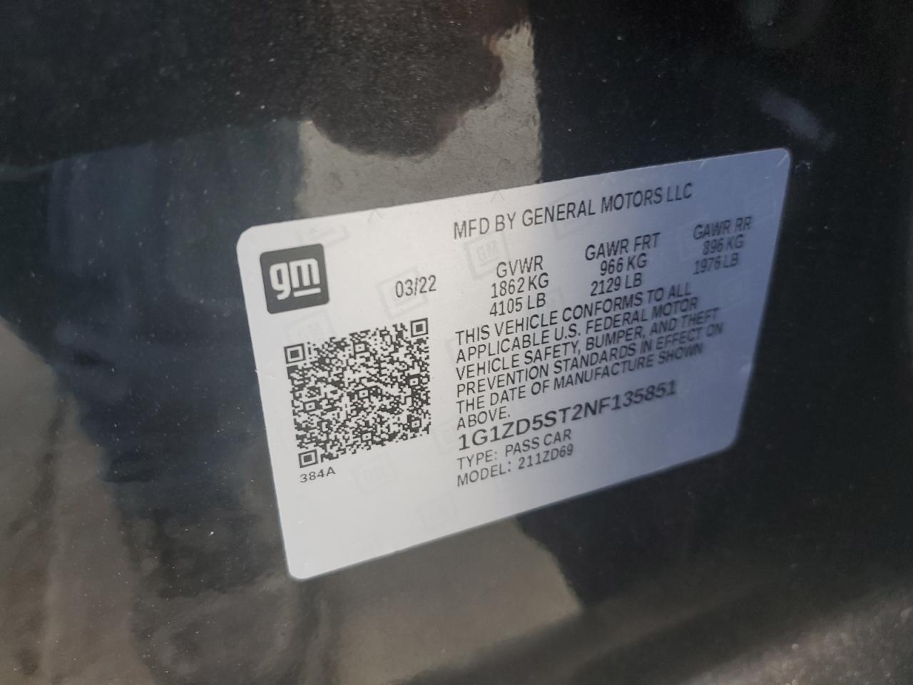 2022 CHEVROLET MALIBU LT VIN:1G1ZD5ST2NF135851