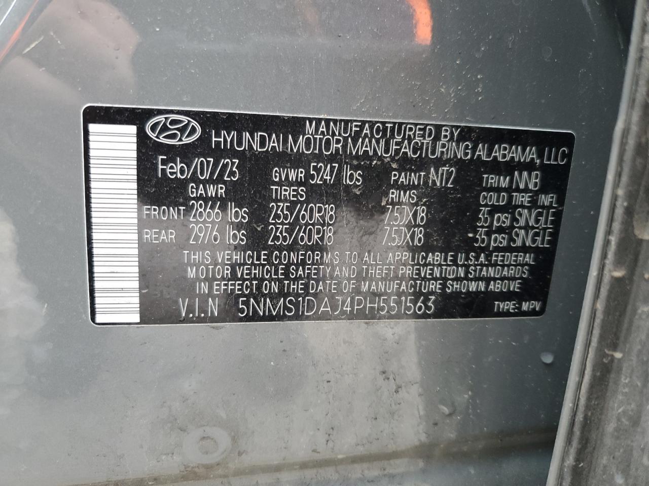 2023 HYUNDAI SANTA FE SE VIN:5NMS1DAJ4PH551563