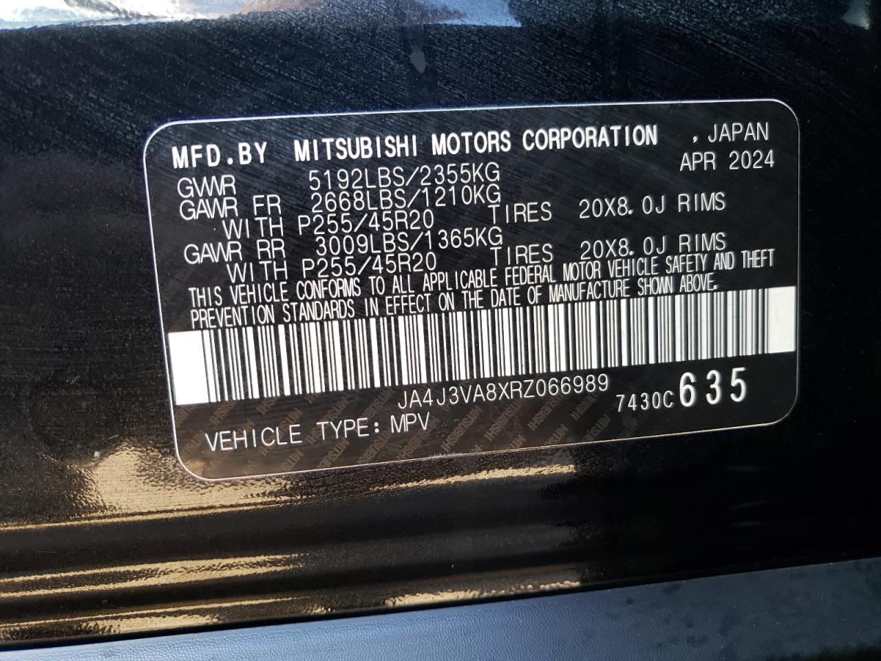 2024 MITSUBISHI OUTLANDER SE VIN:JA4J3VA8XRZ066989