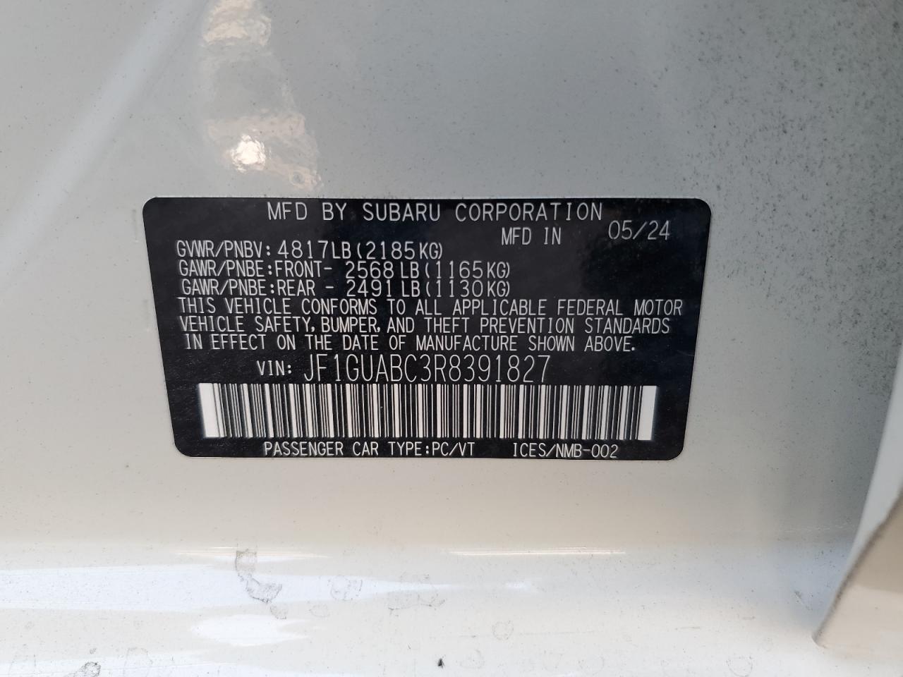 2024 SUBARU IMPREZA  VIN:JF1GUABC3R8391827