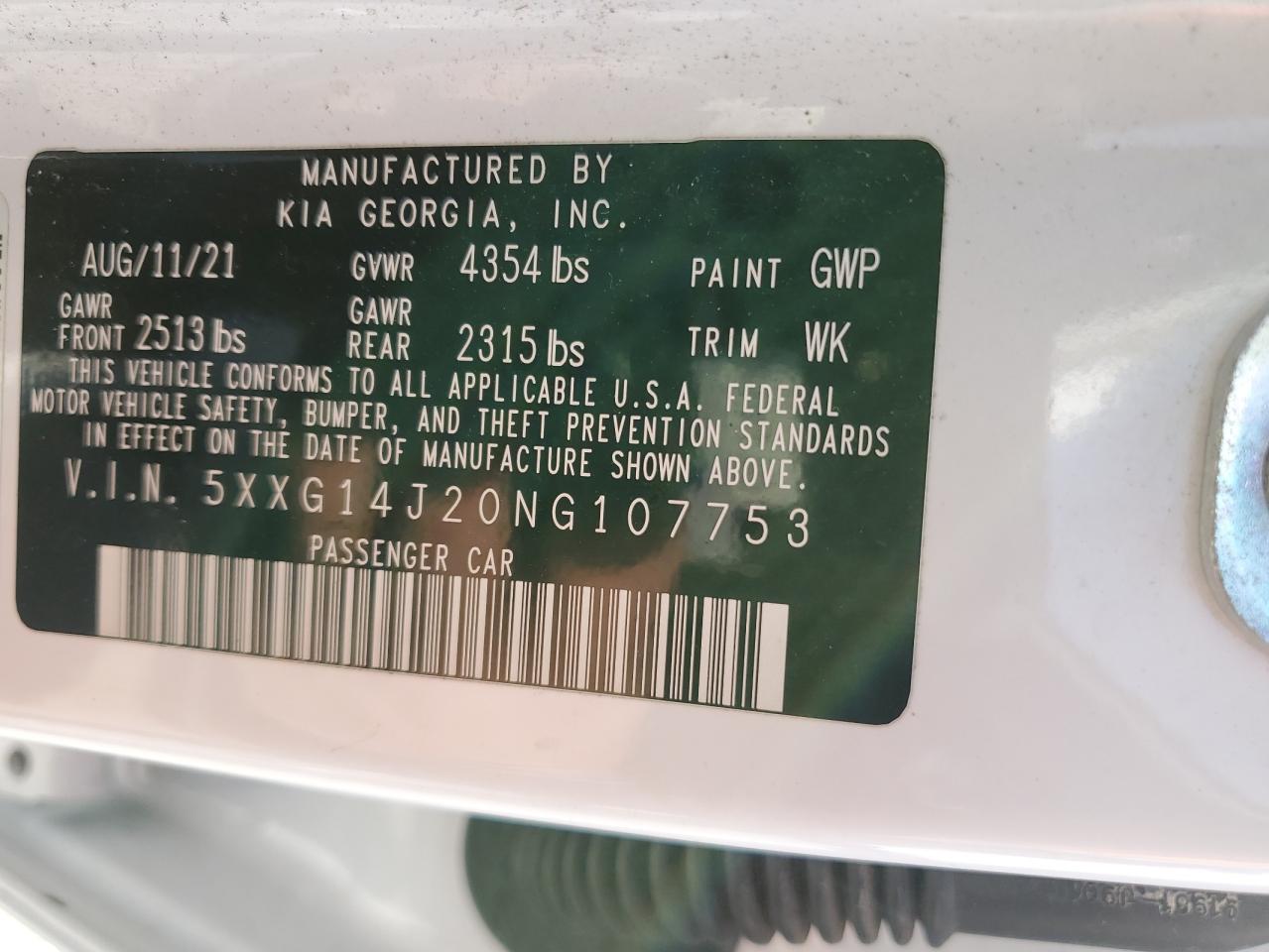 2022 KIA K5 LXS VIN:5XXG14J20NG107753