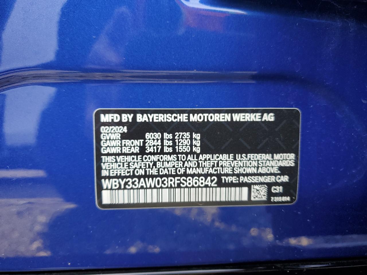 2024 BMW I4 M50 VIN:WBY33AW03RFS86842