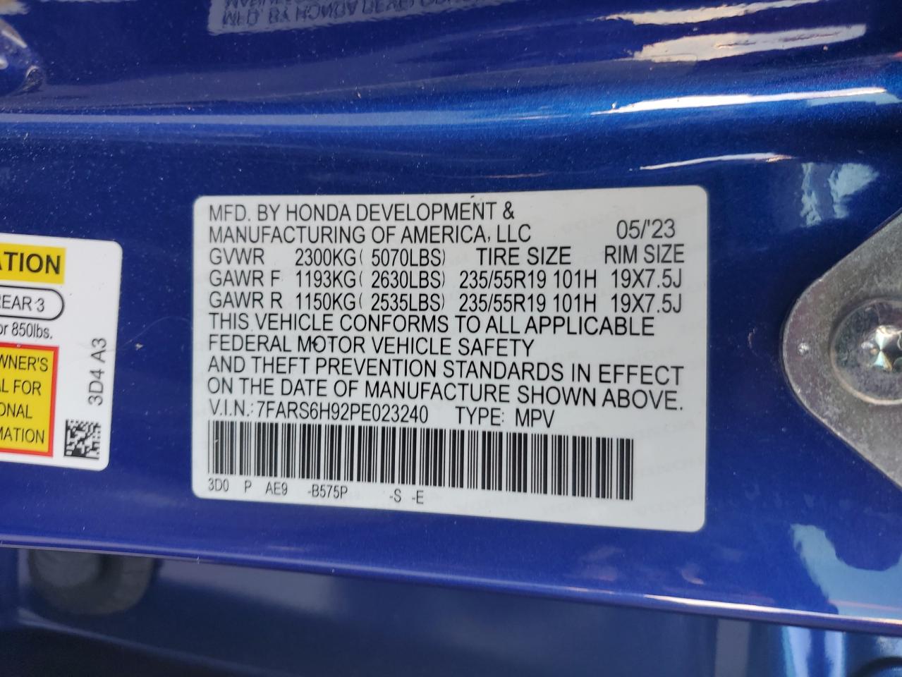 2023 HONDA CR-V SPORT TOURING VIN:7FARS6H92PE023240