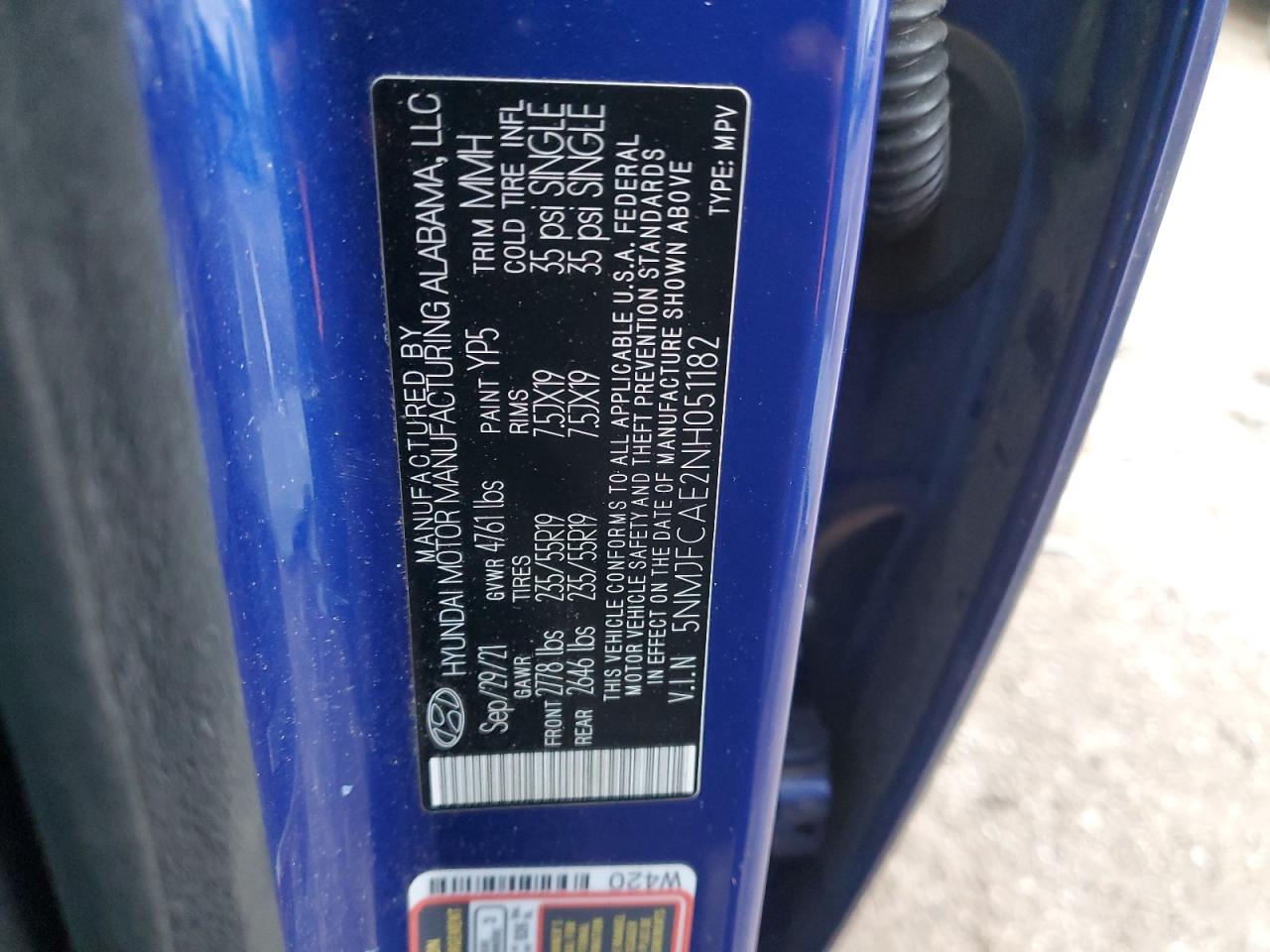 2022 HYUNDAI TUCSON SEL VIN:5NMJFCAE2NH051182