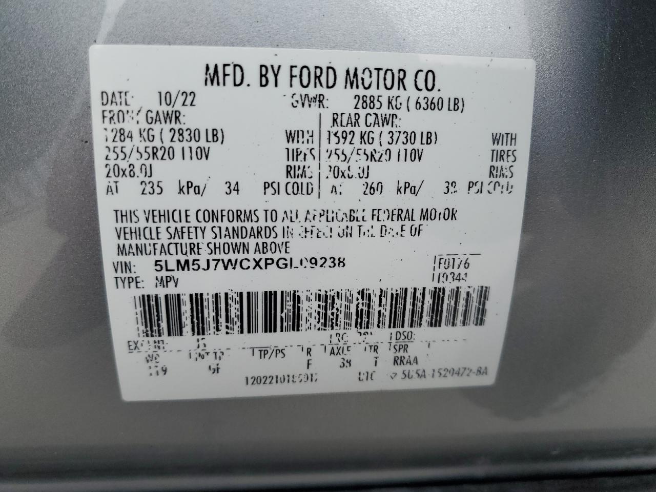 2023 LINCOLN AVIATOR RESERVE VIN:5LM5J7WCXPGL09238