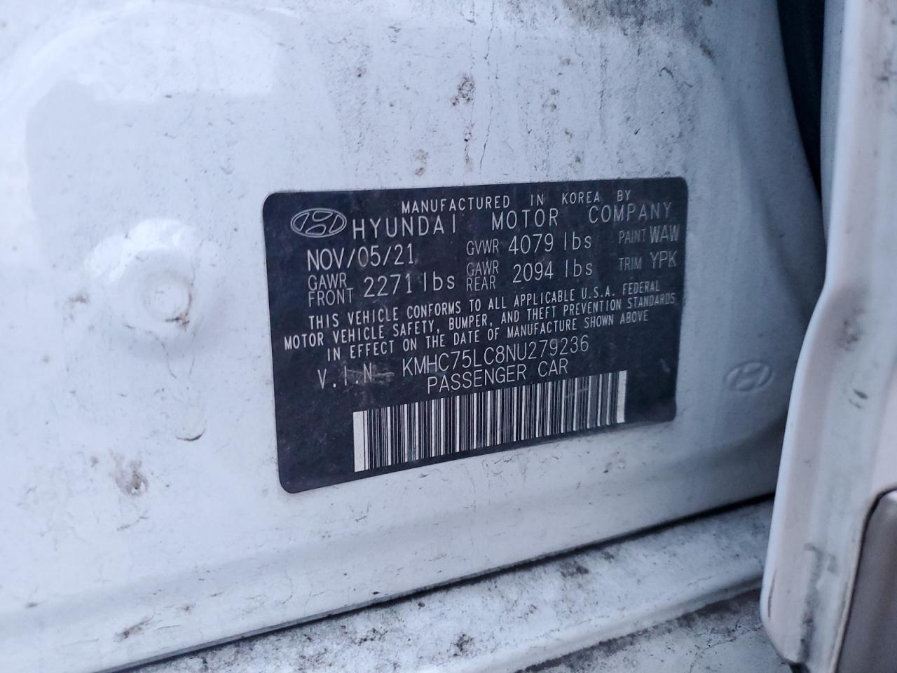 2022 HYUNDAI IONIQ SE VIN:KMHC75LC8NU279236