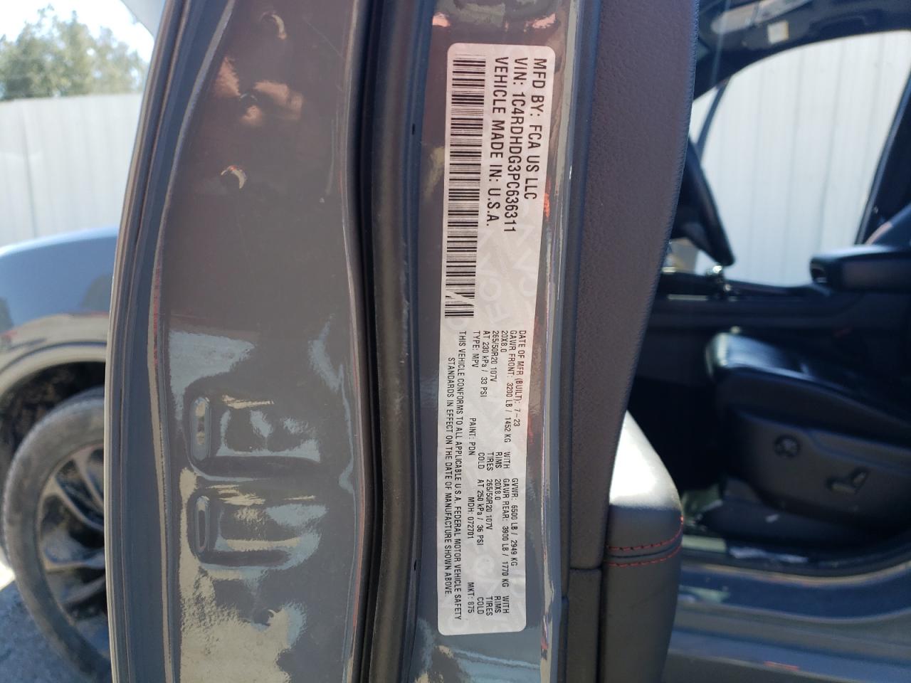 2023 DODGE DURANGO GT VIN:1C4RDHDG3PC636311