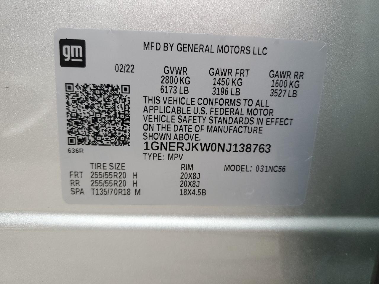 2022 CHEVROLET TRAVERSE RS VIN:1GNERJKW0NJ138763