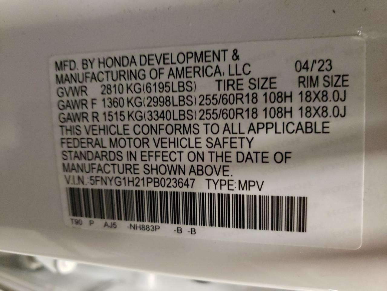 2023 HONDA PILOT LX VIN:5FNYG1H21PB023647