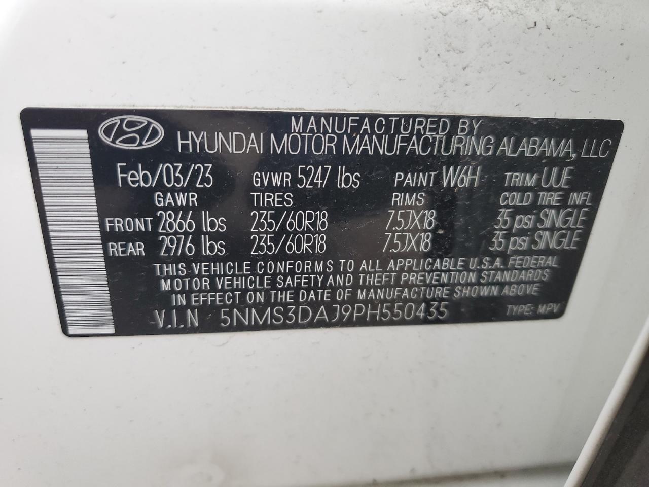 2023 HYUNDAI SANTA FE SEL PREMIUM VIN:5NMS3DAJ9PH550435