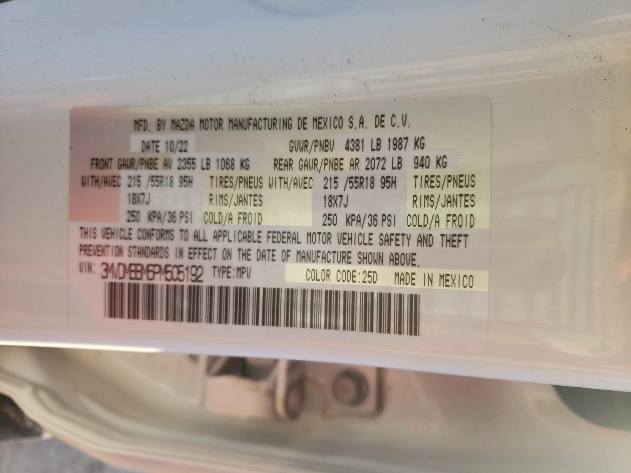 2023 MAZDA CX-30 SELECT VIN:3MVDMBBM6PM505192