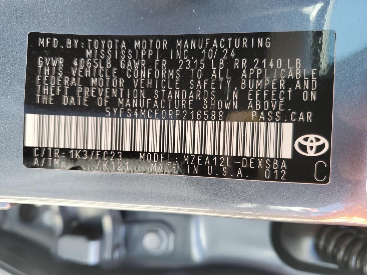 2024 TOYOTA COROLLA SE VIN:5YFS4MCE0RP216588