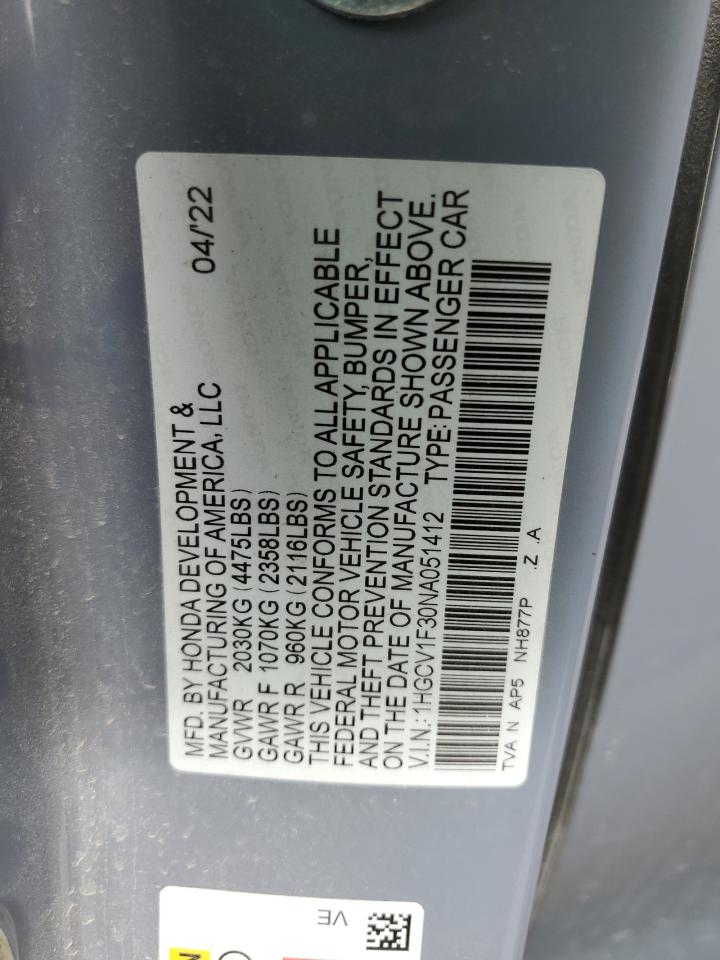 2022 HONDA ACCORD SPORT VIN:1HGCV1F30NA051412
