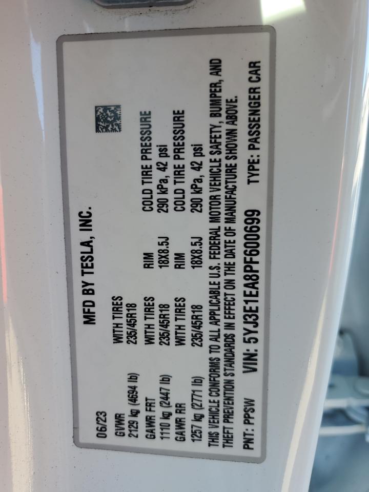 2023 TESLA MODEL 3  VIN:5YJ3E1EA8PF600699
