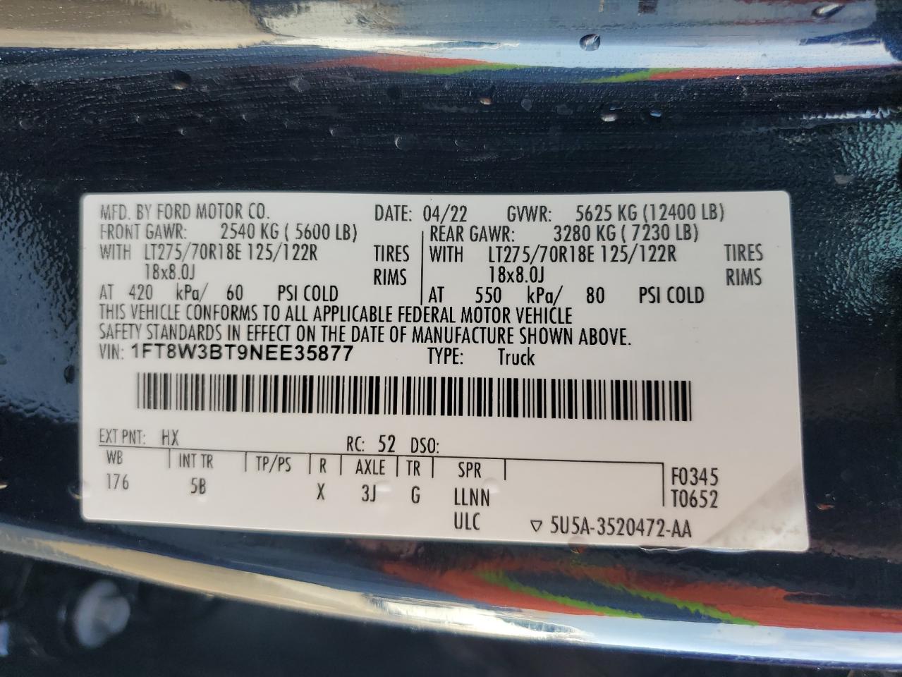 2022 FORD F350 SUPER DUTY VIN:1FT8W3BT9NEE35877