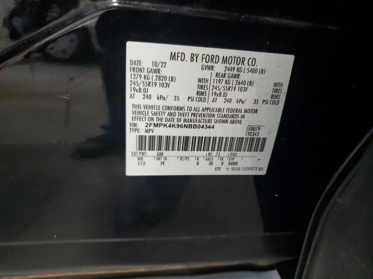 2022 FORD EDGE TITANIUM VIN:2FMPK4K96NBB04344