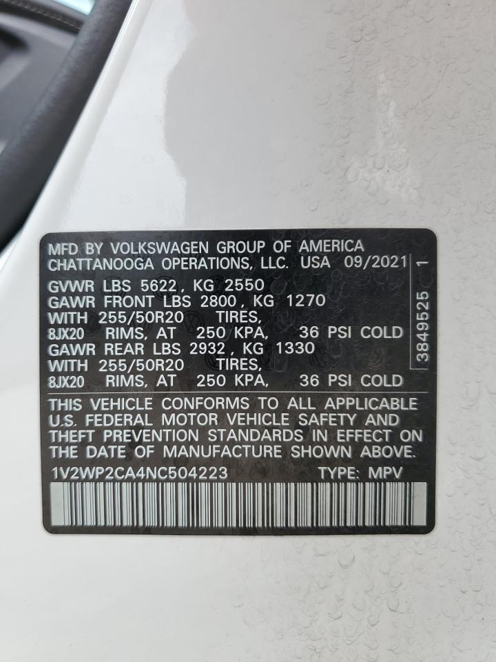 2022 VOLKSWAGEN ATLAS SE VIN:1V2WP2CA4NC504223