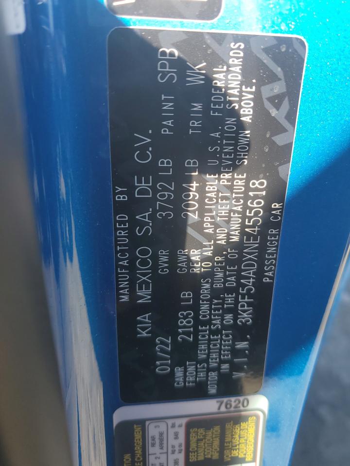 2022 KIA FORTE GT LINE VIN:3KPF54ADXNE455618