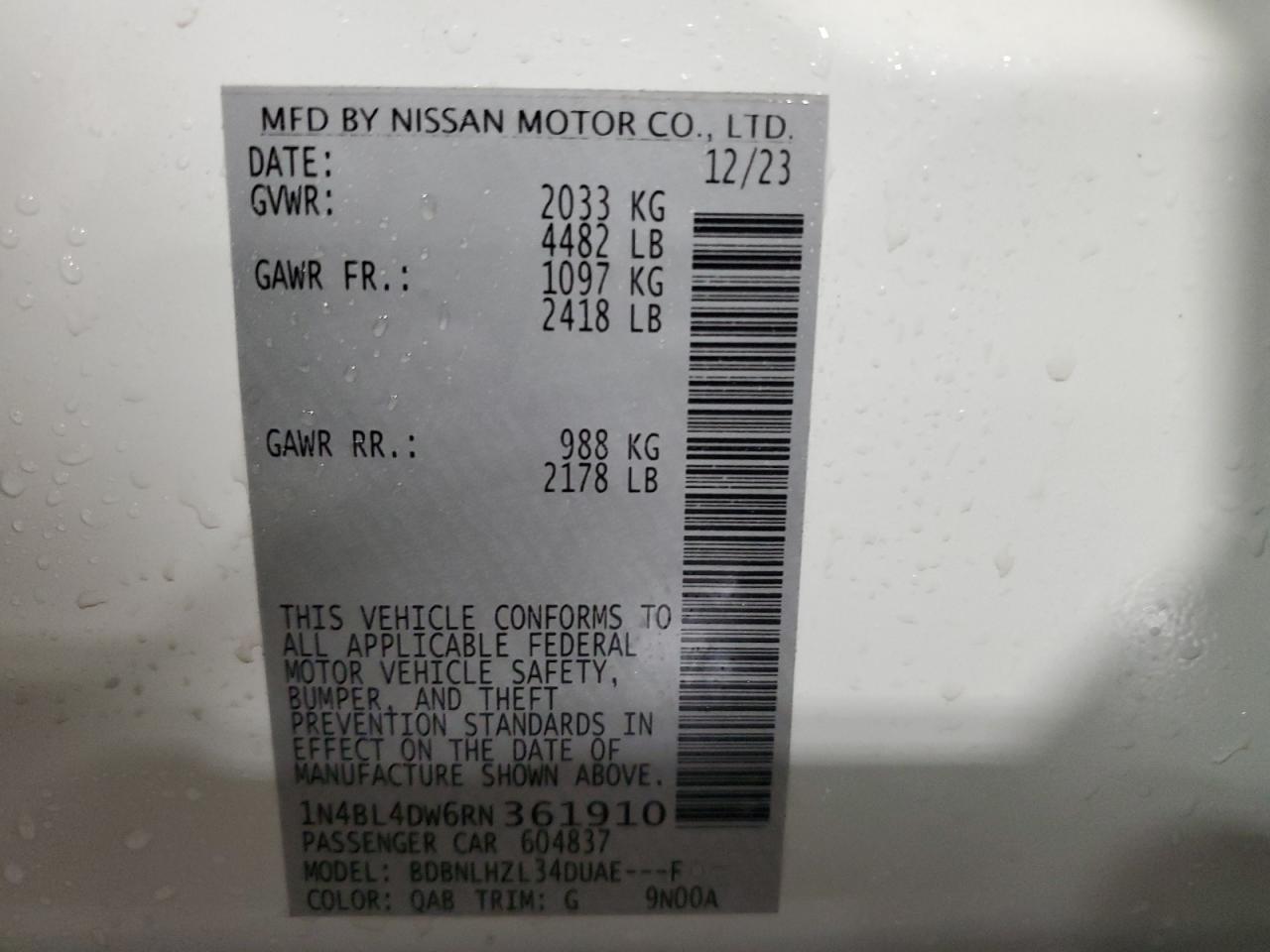 2024 NISSAN ALTIMA SV VIN:1N4BL4DW6RN361910