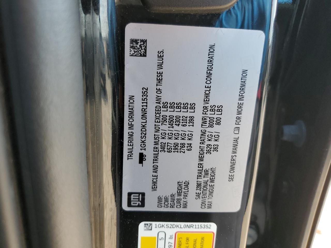 2022 GMC YUKON DENALI VIN:1GKS2DKL0NR115352