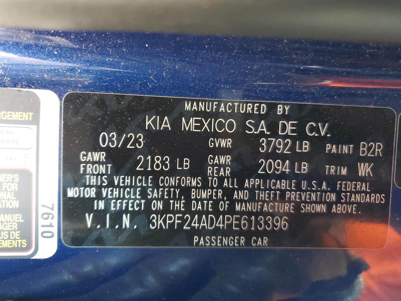 2023 KIA FORTE LX VIN:3JB1TAX46PE001040