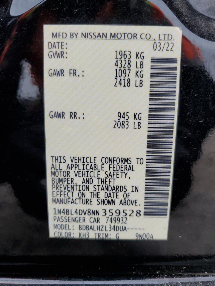 2022 NISSAN ALTIMA SV VIN:1N4BL4DV8NN359528