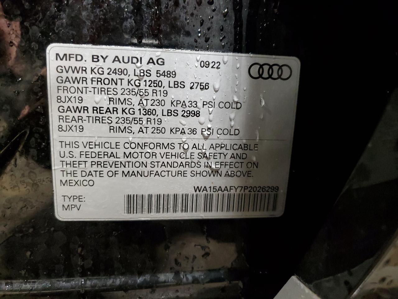 2023 AUDI Q5 SPORTBACK PRM PLS 45 VIN:WA15AAFY7P2026299