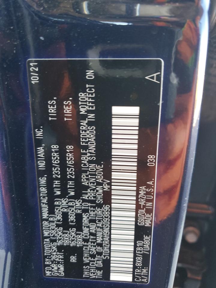 2022 TOYOTA HIGHLANDER XLE VIN:5TDHZRAH9NS093896