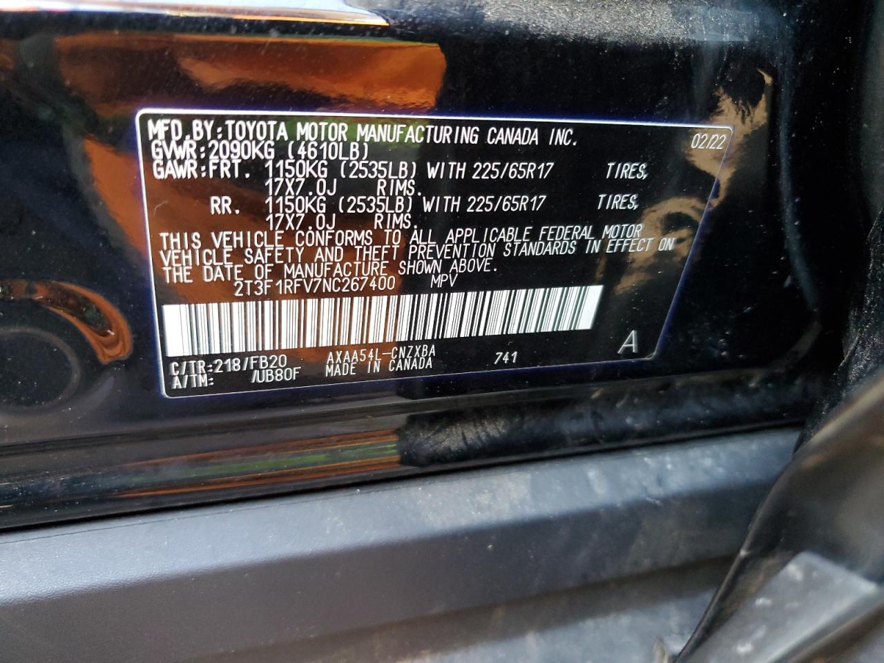 2022 TOYOTA RAV4 LE VIN:2T3F1RFV7NC267400