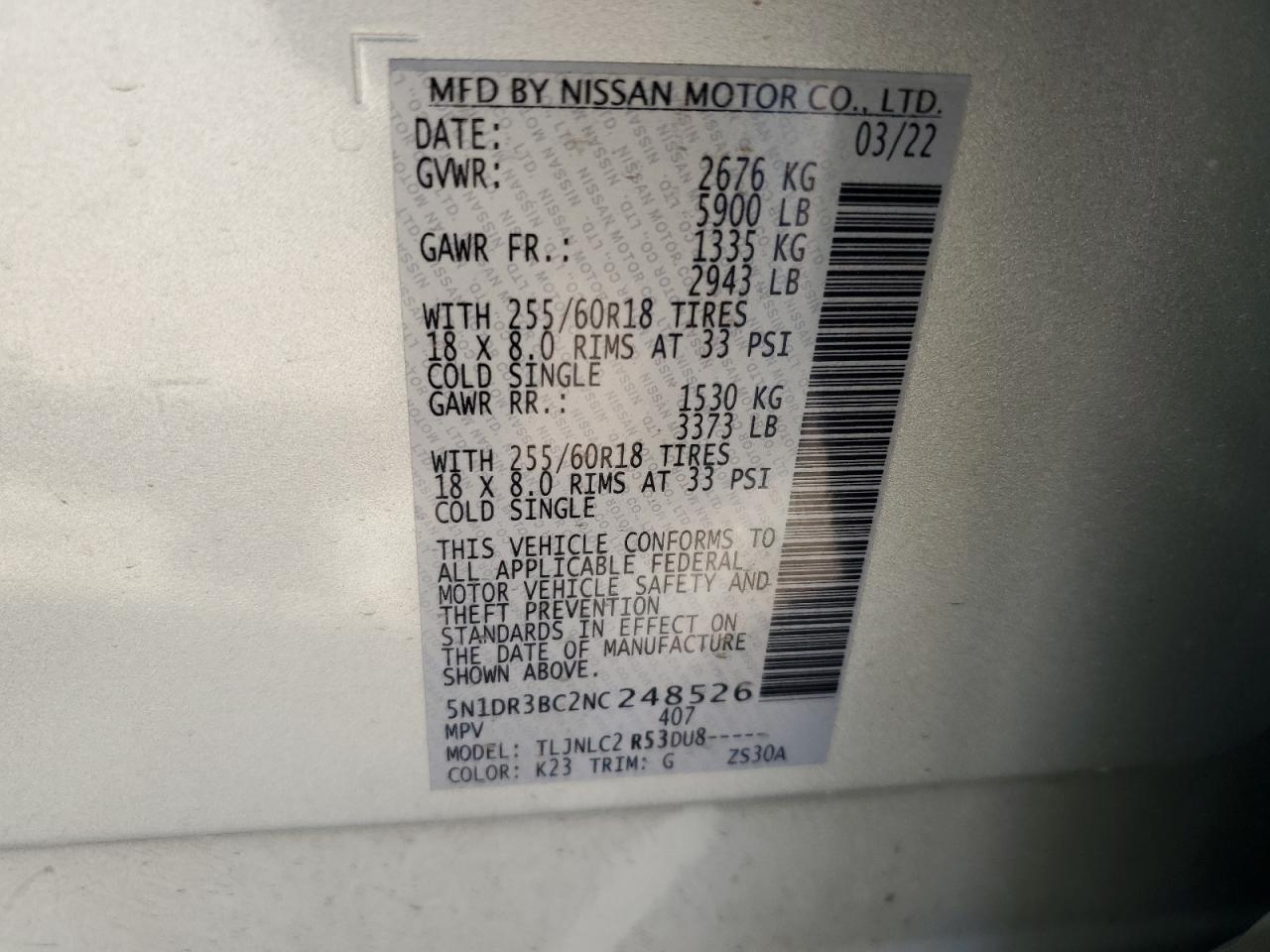 2022 NISSAN PATHFINDER SV VIN:5N1DR3BC2NC248526
