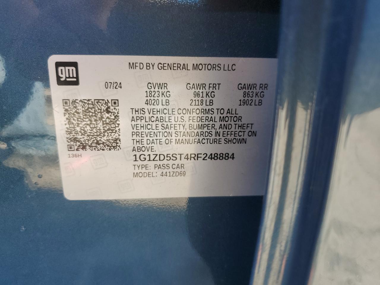 2024 CHEVROLET MALIBU LT VIN:1G1ZD5ST4RF248884