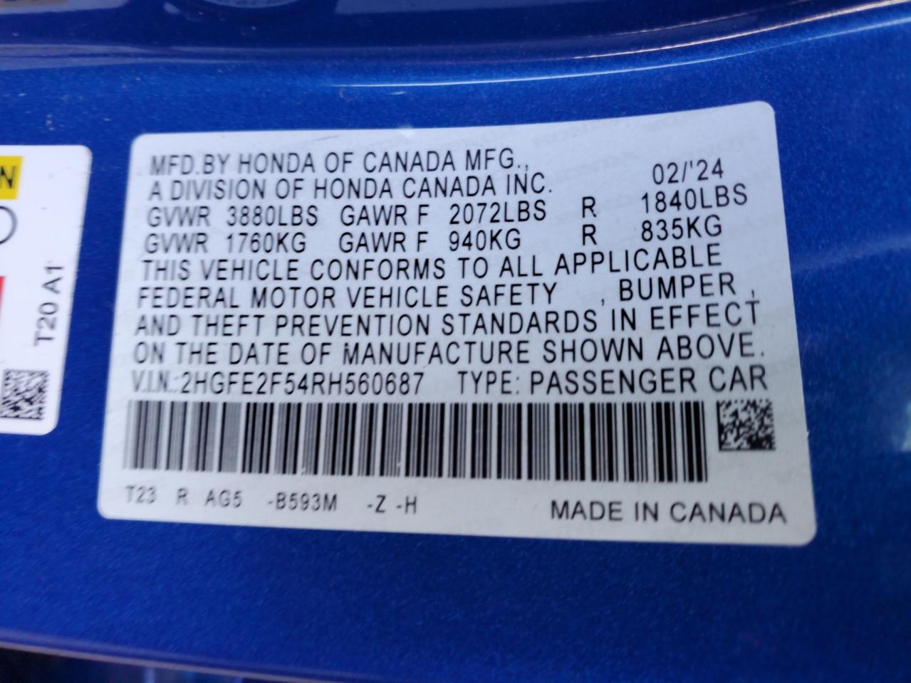 2024 HONDA CIVIC SPORT VIN:2HGFE2F54RH560687