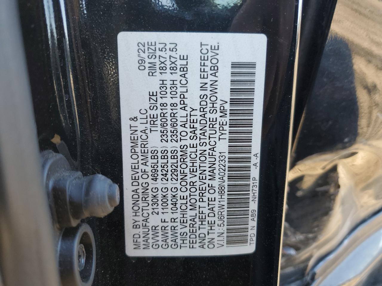 2022 HONDA CR-V EXL VIN:5J6RW1H88NA022331