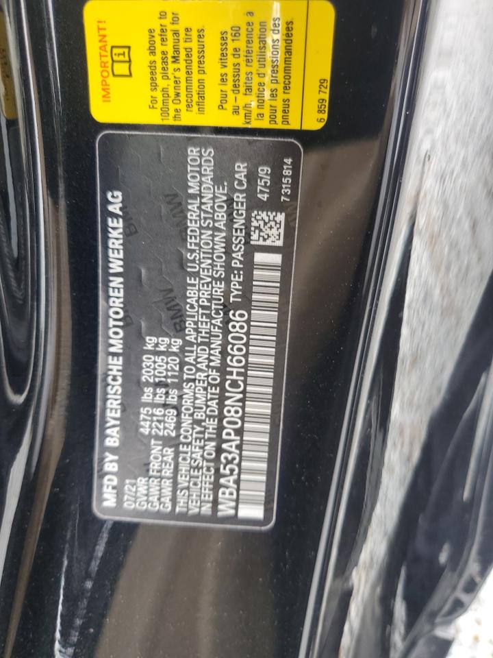 2022 BMW 430I  VIN:WBA53AP08NCH66086