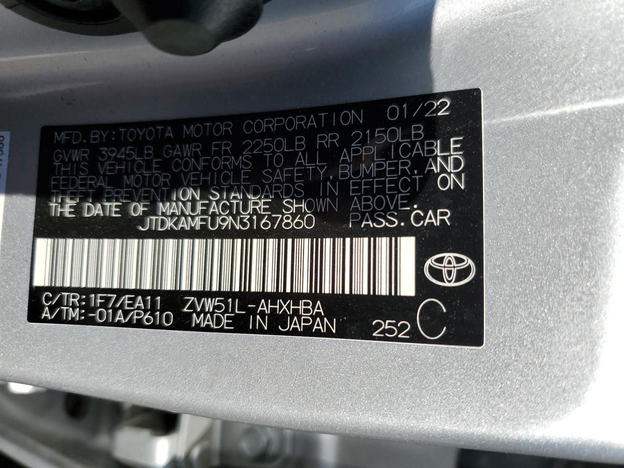 2022 TOYOTA PRIUS NIGHT SHADE VIN:JTDKAMFU9N3167860