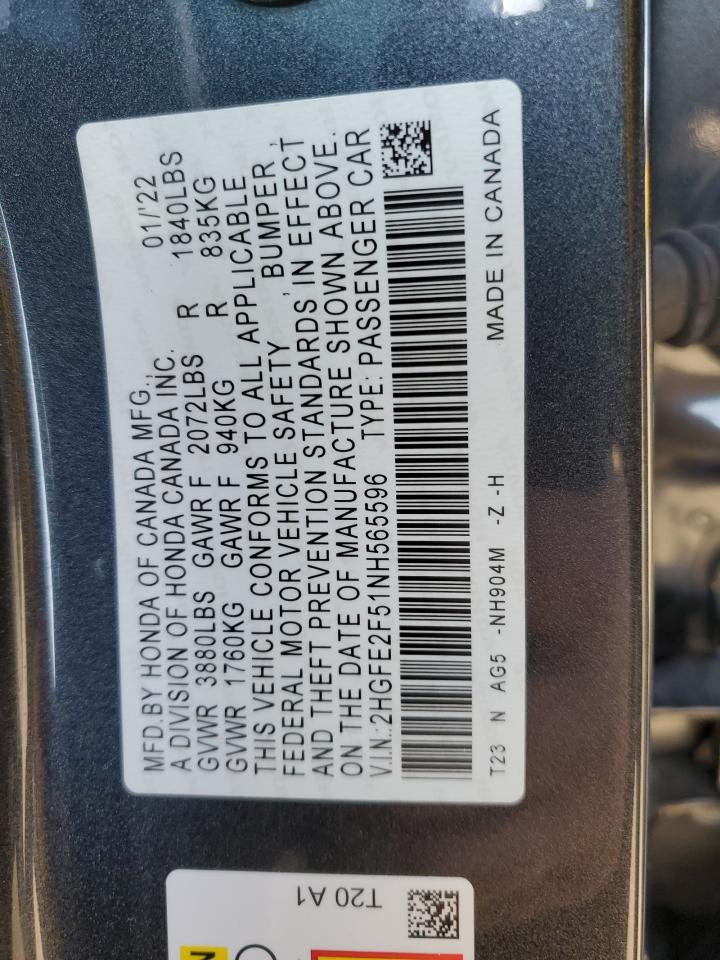 2022 HONDA CIVIC SPORT VIN:2HGFE2F51NH565596