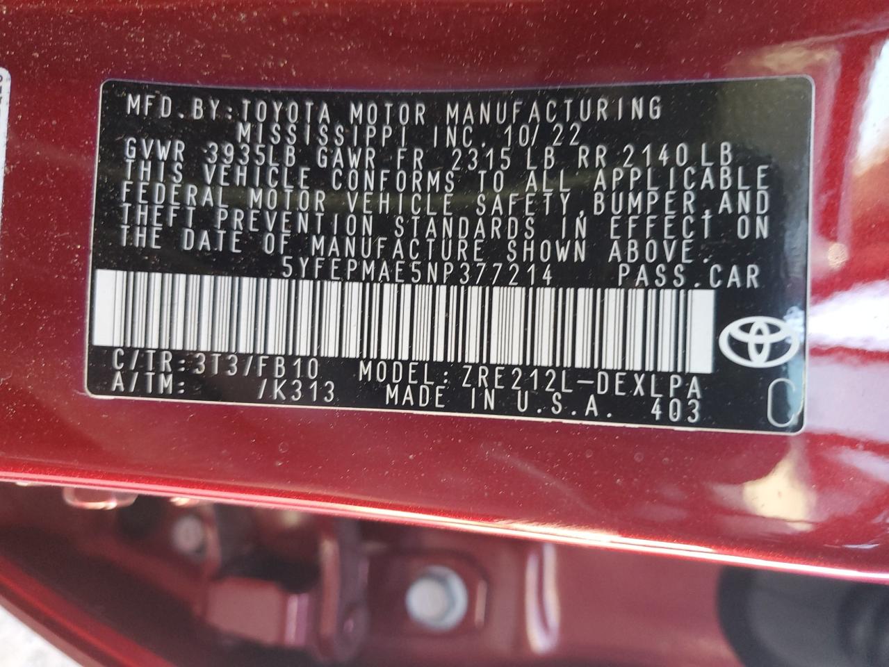 2022 TOYOTA COROLLA LE VIN:5YFEPMAE5NP377214