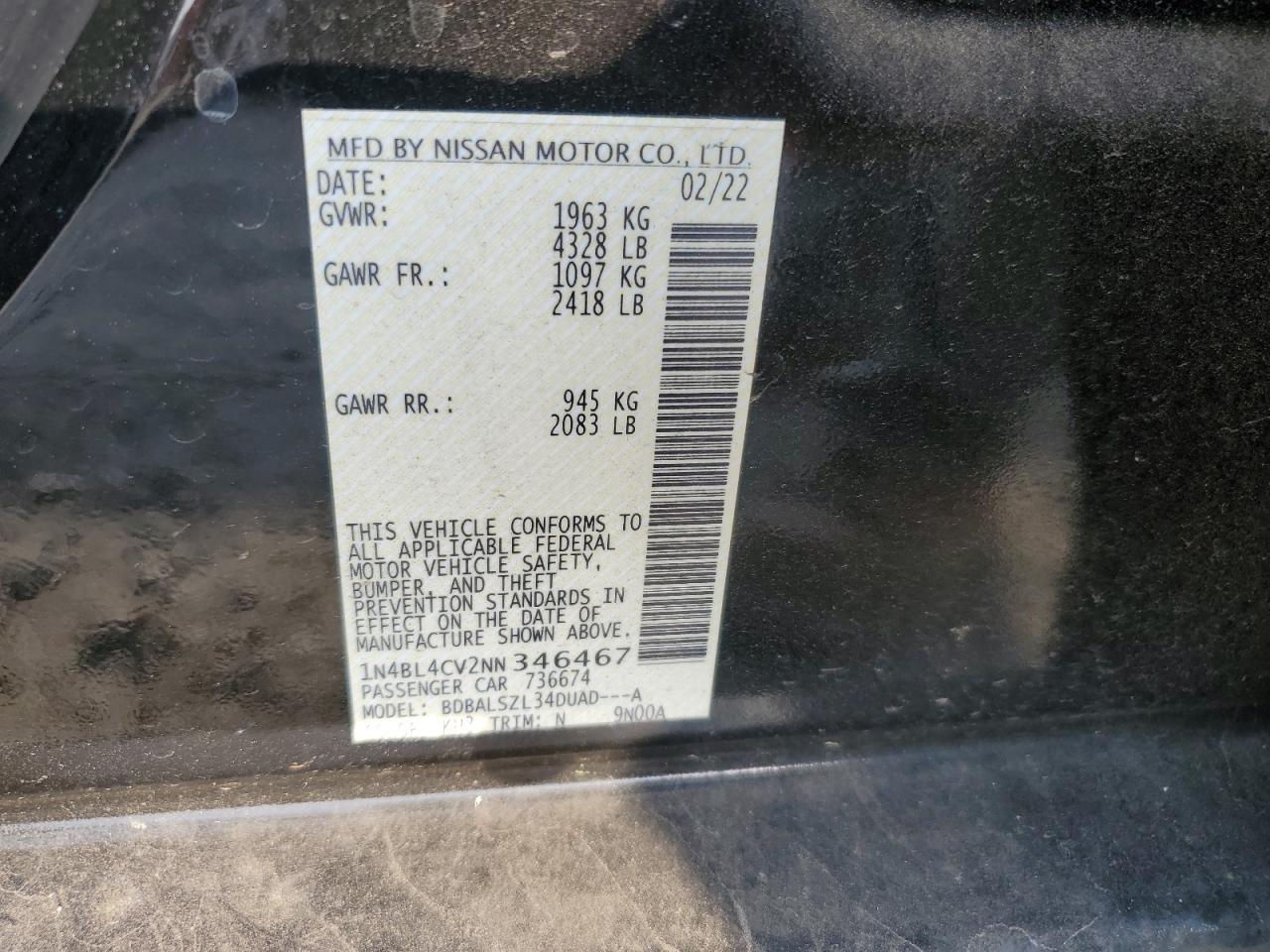 2022 NISSAN ALTIMA SR VIN:1N4BL4CV2NN346467