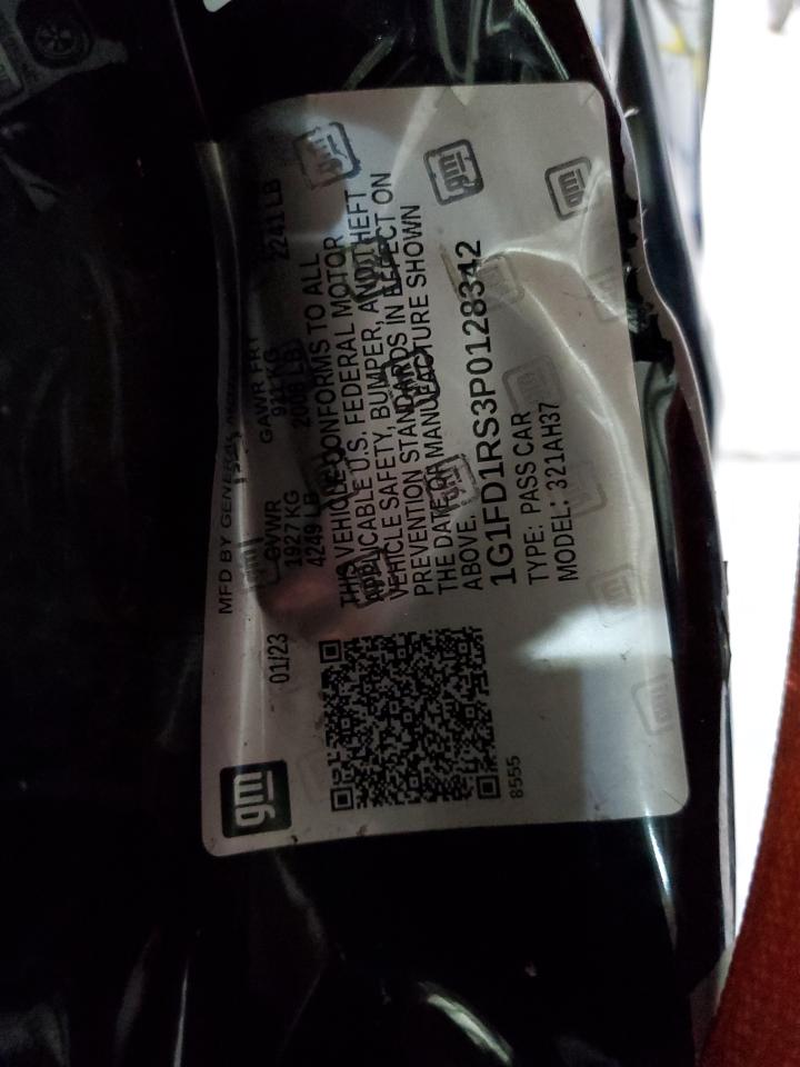 2023 CHEVROLET CAMARO LT VIN:1G1FD1RS3P0128342