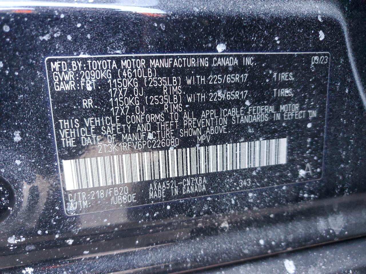 2023 TOYOTA RAV4 LE VIN:2T3K1RFV6PC226080